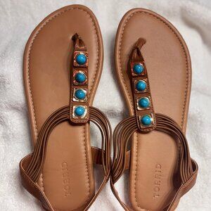 Torrid Turquoise t-Strap Sandals Size 9.5ww NWT Color Cognac Brown Faux Leather